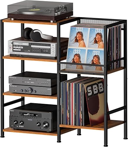 Mesa de soporte para tocadiscos con soporte de almacenamiento de discos de vinilo, hasta 200 álbumes, gabinete de medios pequeños, mesa de consola