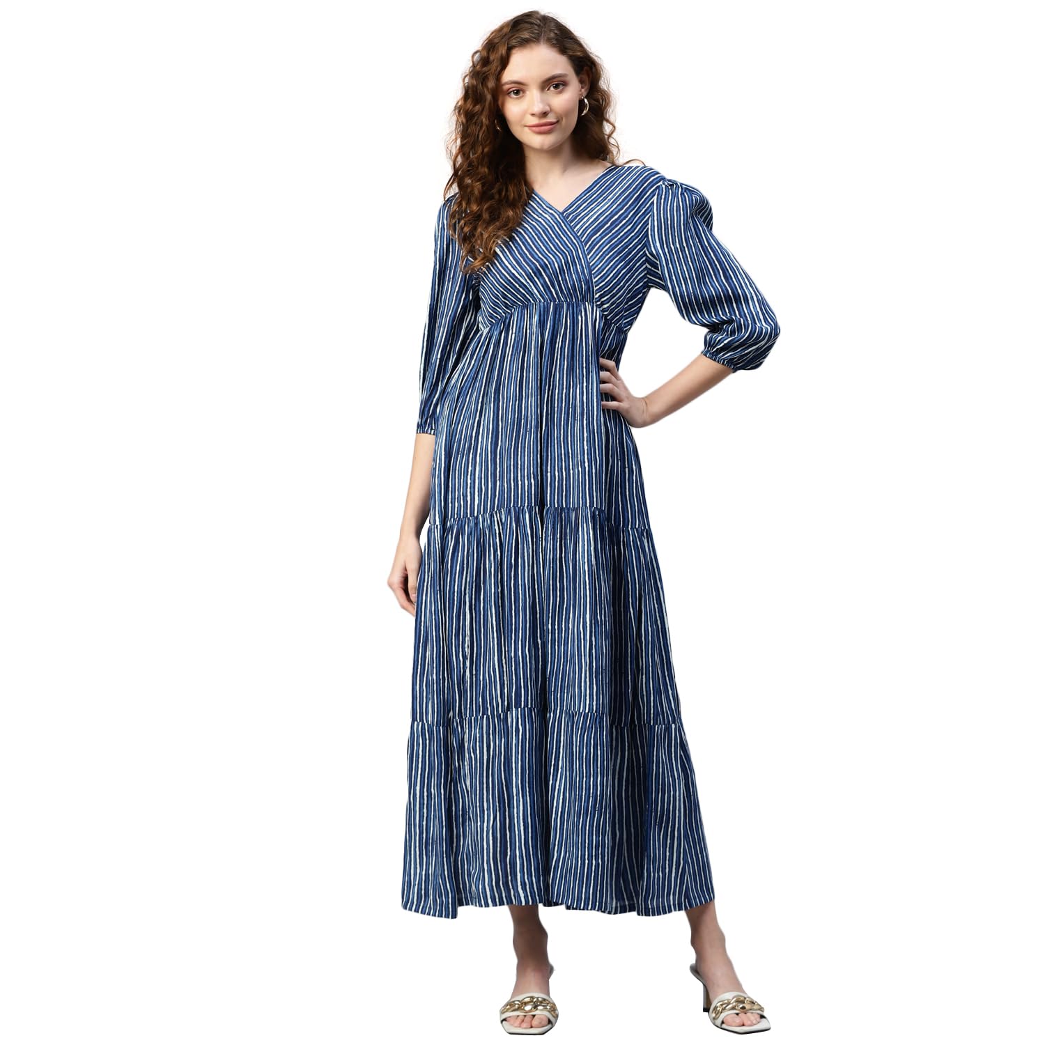 DEEBACO Women’s Blue Striped Rayon Tiered Maxi Dress with V-Neck and Puff Sleeves – Summer Western Party Casual Wear