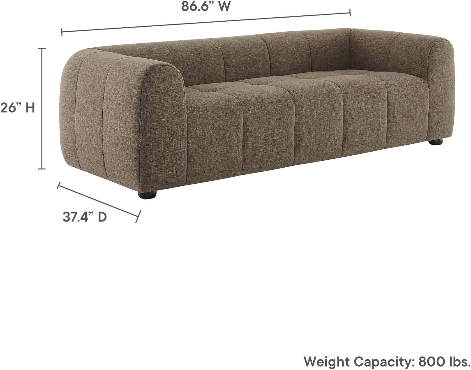 Modway Liana Upholstered Fabric Sofa in Mocha - Retro Modern Tufted Couch - 3 Seater Sofa with Deep Seats - Comfy Sofa Couch for Living Room, Lounge, Apartment