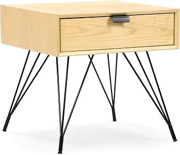 Adore Decor Newell Wood Accent Side Table with 1 Drawer, Mid-Century Modern Living Room or Bedside Nightstand for Small Space, Geometric Black Metal Legs, Natural