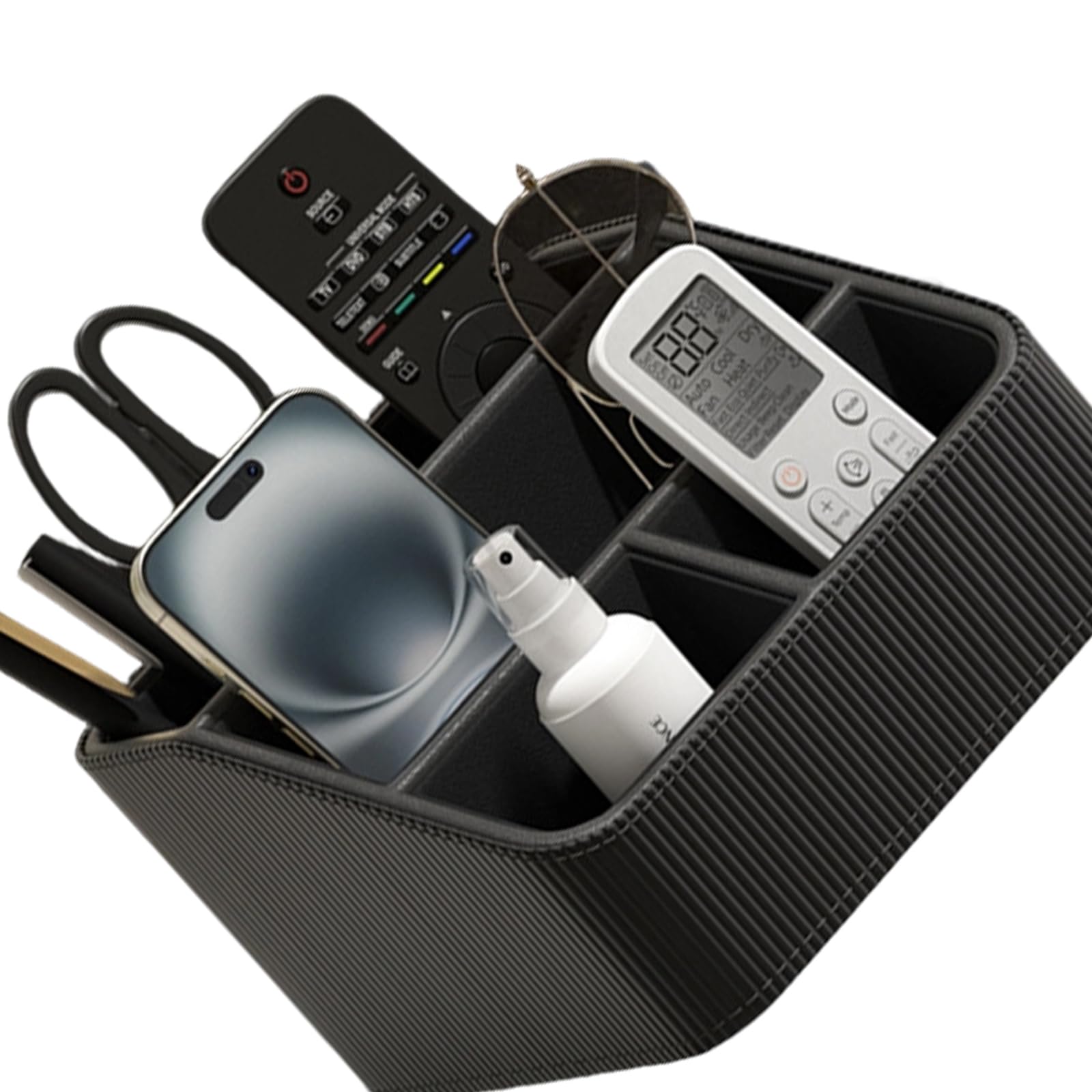 Compact desktop storage box for remote controls, pens, notebooks, glasses and accessories, space-saving design, compact desktop storage box for remote controls, pens, notebooks, glasses
