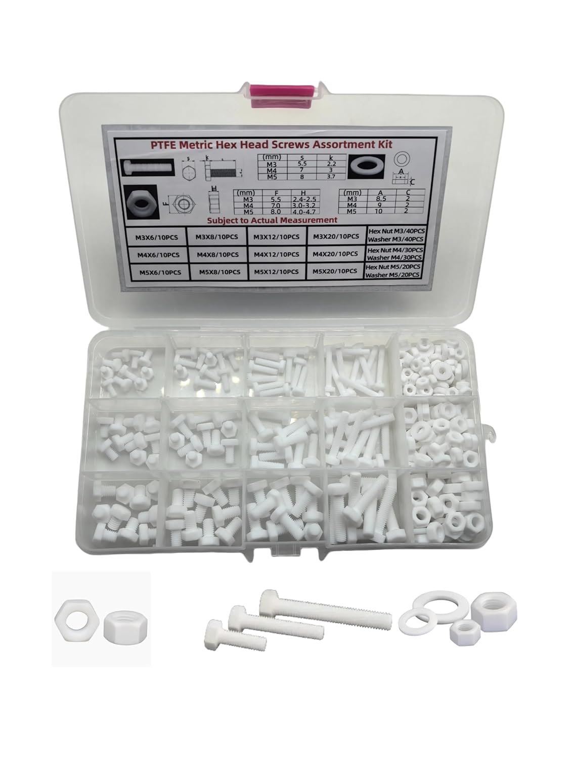PTFE Teflon M4 Plastic Metric Hex Head Screws Set Length 5-45mm with Nuts and Washers Assortment Kit (Corrosion Resistant Electrical Insulation)