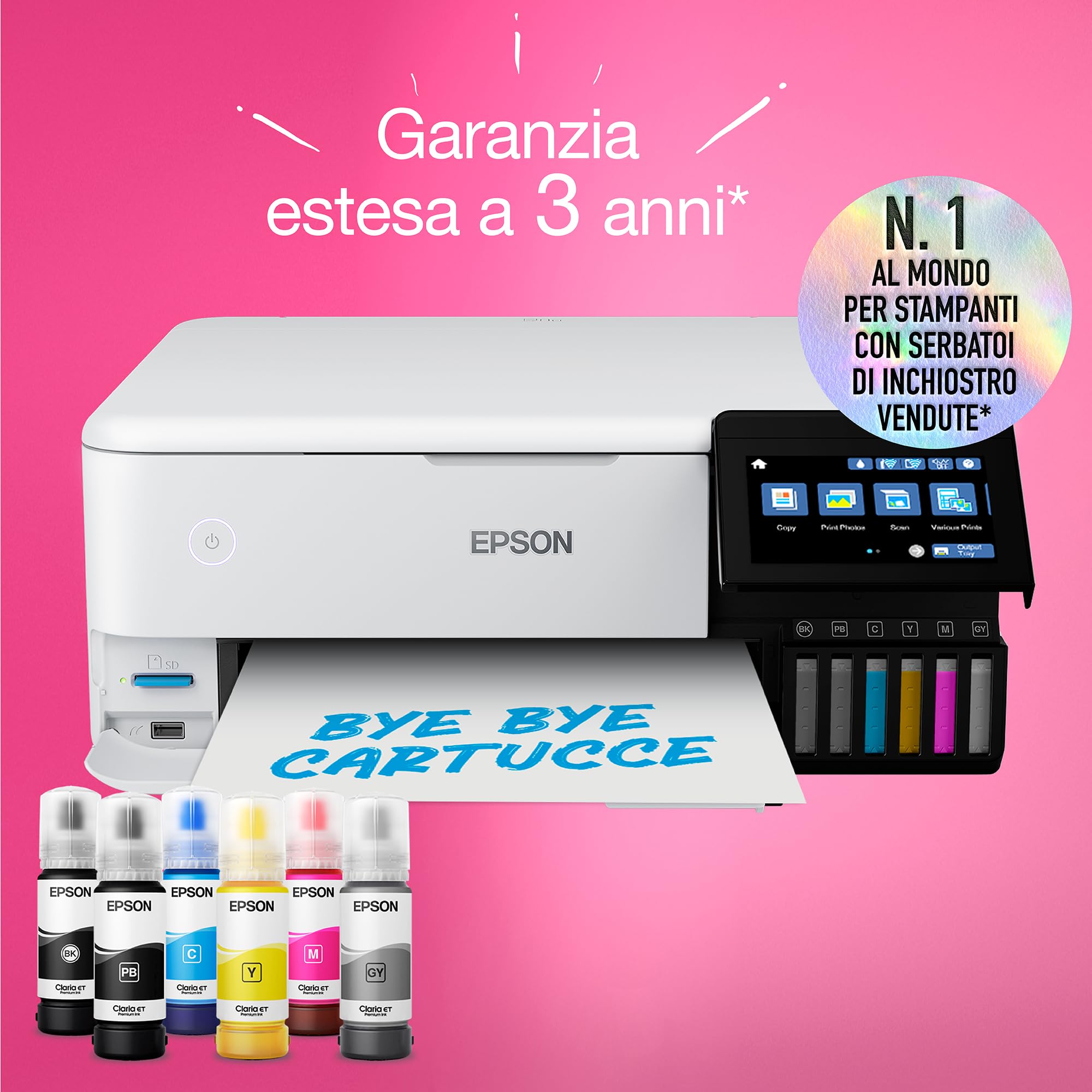 Epson EcoTank ET-8500 - Stampante per serbatoi d'inchiostro, stampa fotografica, inchiostri a 6 colori, wireless, A4, stampa, copia, scansione, touchscreen da 10,9 cm, stampa fronte/retro
