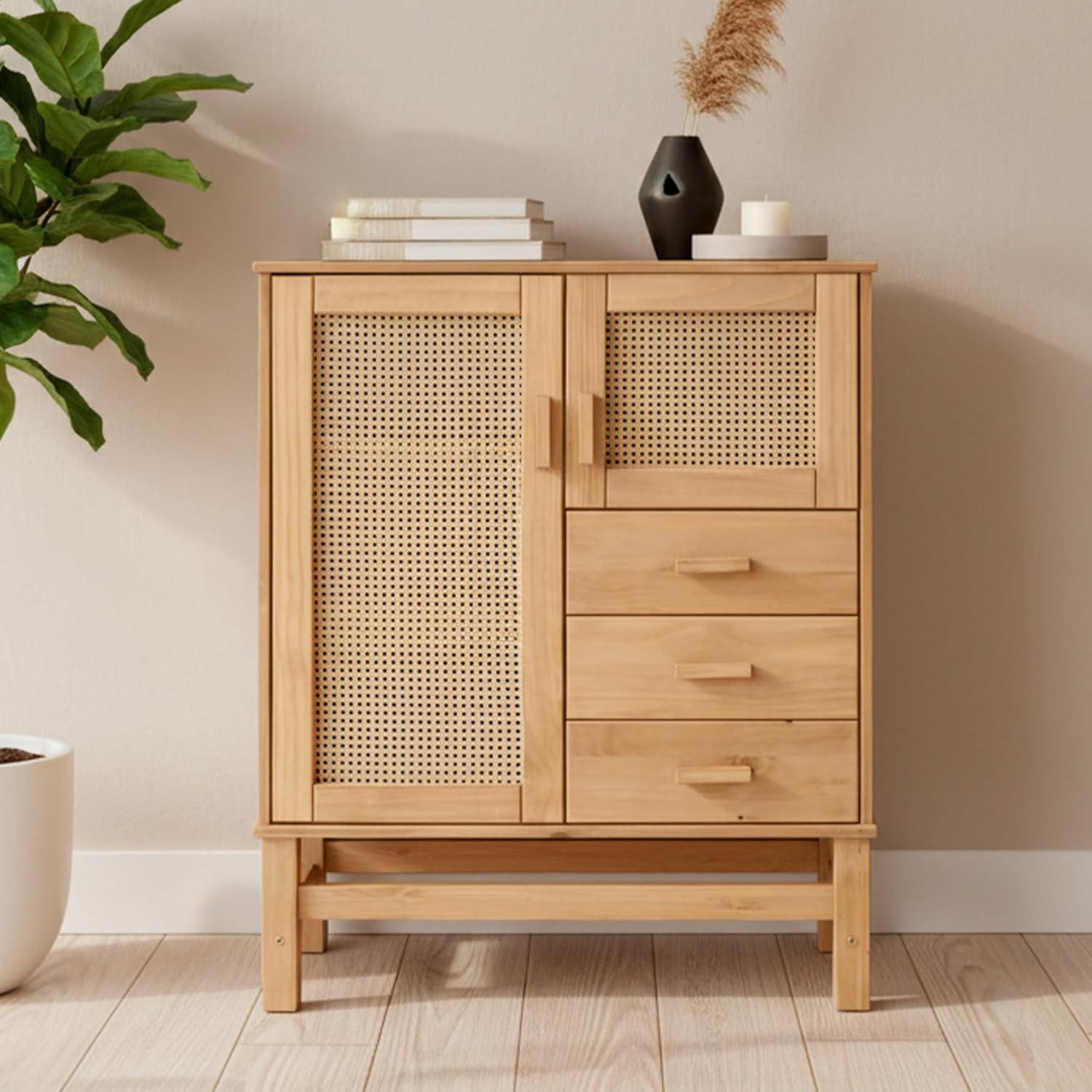 Nature Sideboard with 2 Doors, 3 Drawers & 4 Inner Shelves – Spacious Buffet Cabinet with Woven Rattan Doors – Versatile Storage for Dining or Living Spaces