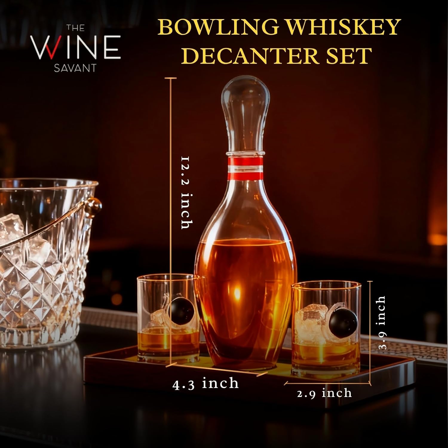 Bowling Pin Decanter Gift Set, Includes Premium Whiskey & Wine Shaped Like a Bowling Pin and 2 Matching Glasses on a Wooden Display Base | Unique Sports Bar, Home Bar, or Man Cave Gift for Men and Dad