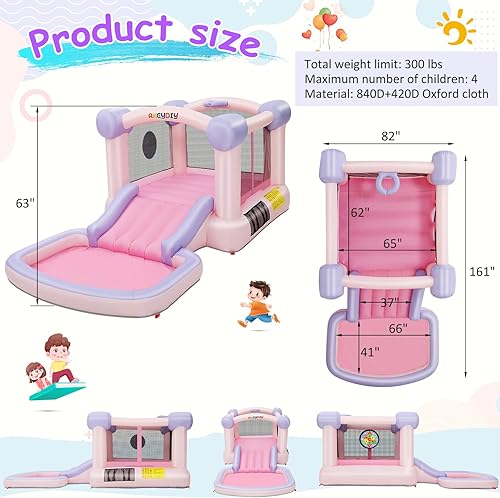 Miniatura 8 de AKEYDIY Casa de rebote inflable para niños con soplador incluido, casa de juegos para interiores y exteriores, casa de salto de macarrón rosa para