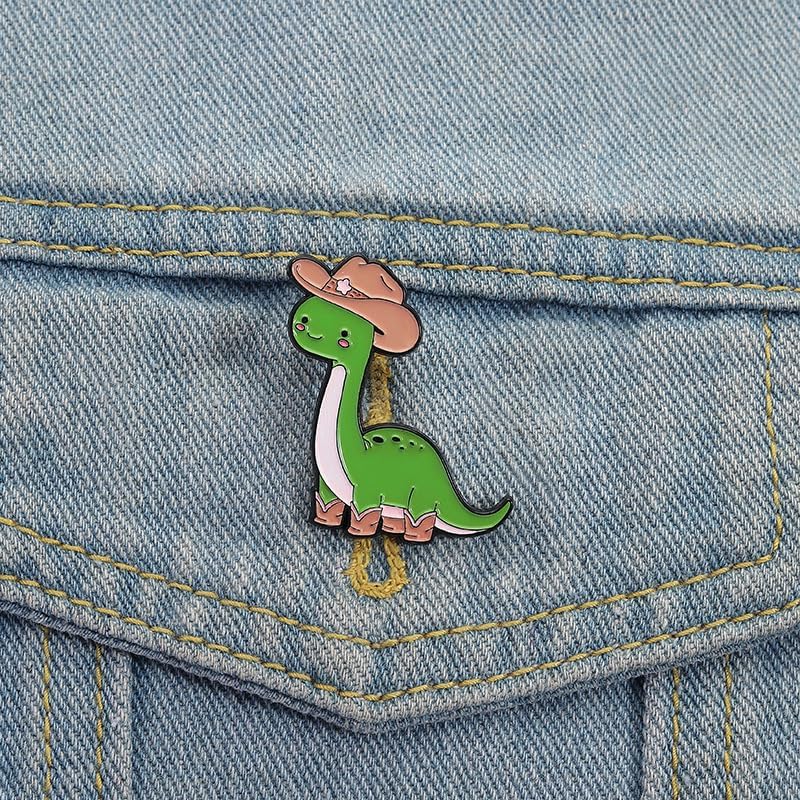 Novelty Green Dinosaur Wearing Cowboy Hat Boots Brooch Cute Cartoon Enamel Pins for Women Men Creative Funny Animal Lapel Pin Statement Western Brooches Jacket Backpacks Bags Clothing Badge image 3