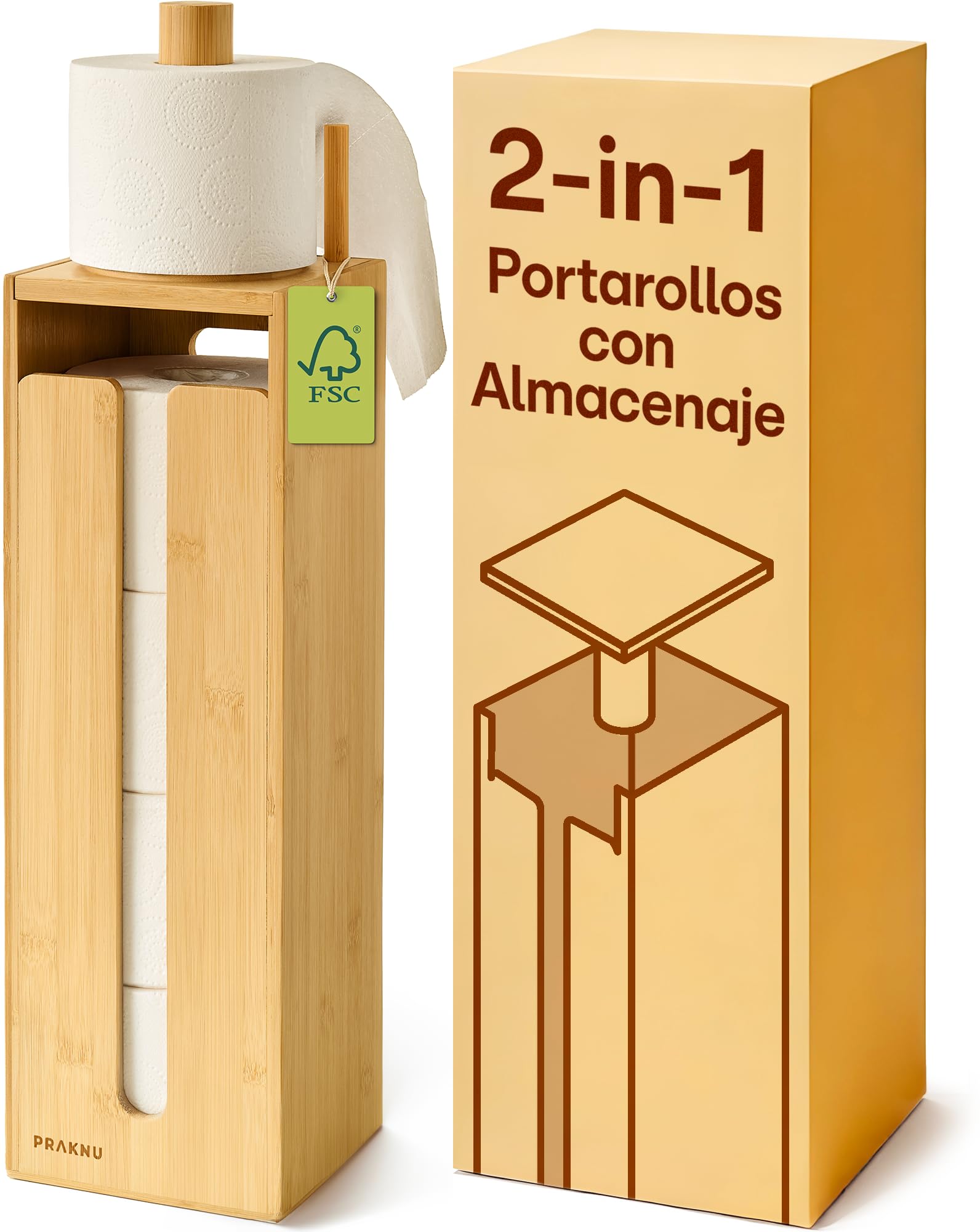 Portarrollos papel higiénico de pie en bambú antideslizante ahorra espacio