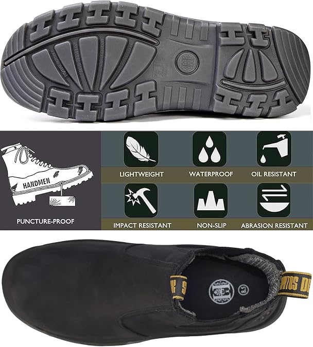 Work Boots for Men, Soft Toe Waterproof Working Boots, Slip Resistant Anti-Static Slip-on Safety Working Shoes 8 9 10 11 12 13 (BK-CRZ-80N04, 11)