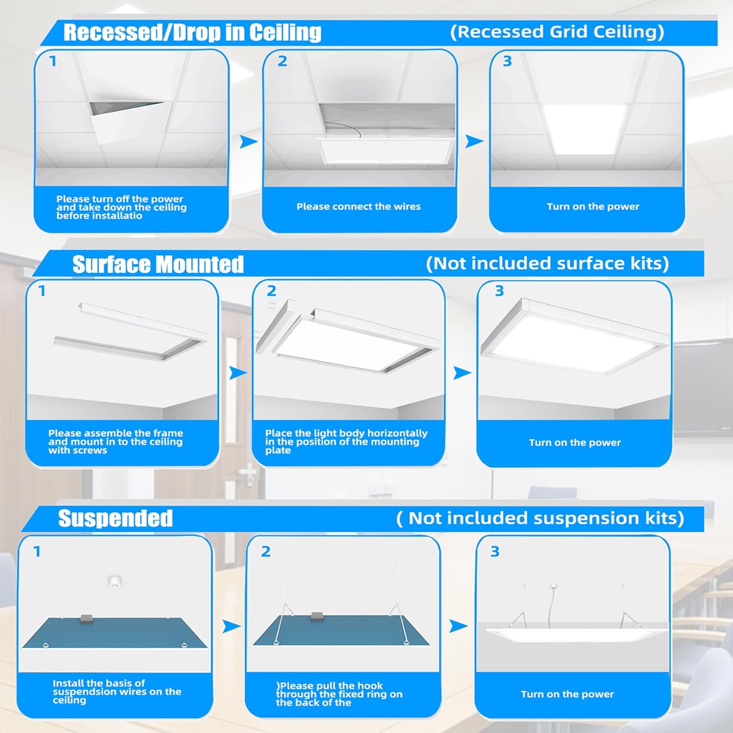 6PCS2x4 LED Flat Panel,5000K Daylight White, 7800 Lumens, 0-10V Dimmable, 110-277v 2x4 LED Drop Ceiling Light Fixture,ETL Listed Troffer Panel Light