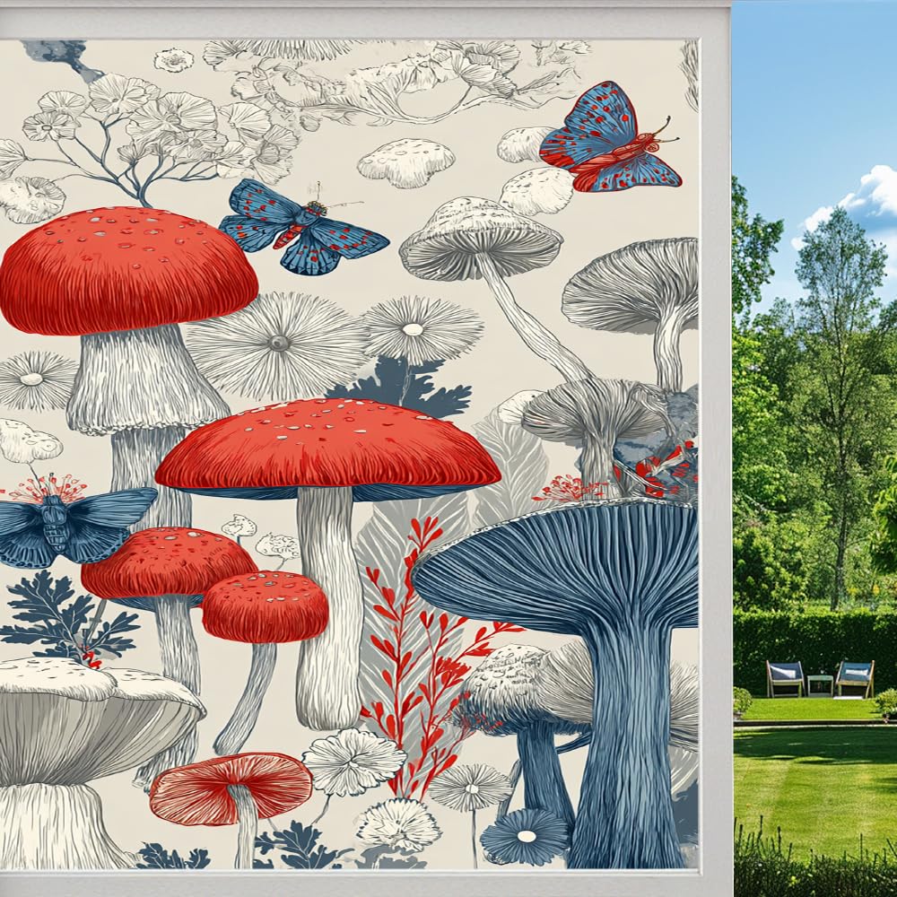 Pmlbaous Magical Mushroom Stained Glass Window Film, Vintage Ferns Botanical Peel And Stick Privacy Film, Frosted Adhesive Vinyl Decorative For Bathroom Windows Glass Doors, （55X100cm）