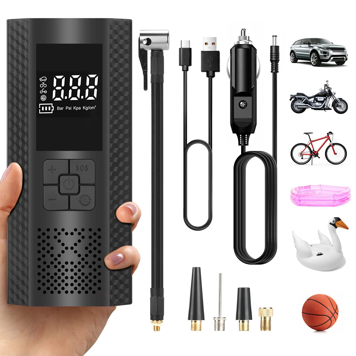 Tire Inflator, Portable Air Pump, Electirc Tire Pump with Digital LCD LED SOS Lights 150Psi Suitable for Motorcycles e-Bikes Cars Balls, Cordless Air Compressor with 2*3000mAh Rechargeable Battery