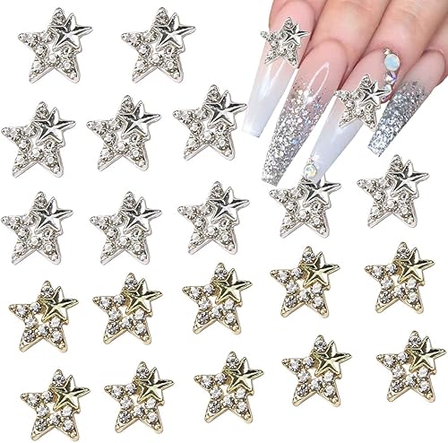 20 dijes de aleación brillante con estrellas de metal 3D, gemas de uñas, diamantes de imitación de uñas de cristal plateado dorado brillante para