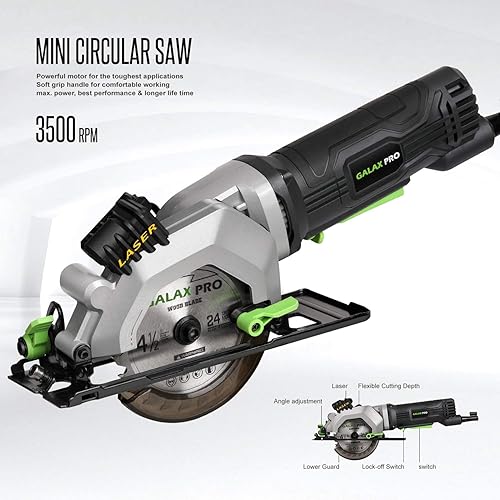 Miniatura 4 de GALAX PRO Sierra Circular de 4 Amperios 3500RPM con Guía Láser, Profundidad Máxima de Corte 1-11/16"(90°), 1-1/8"(45°) Sierra Compacta con Hoja TCT