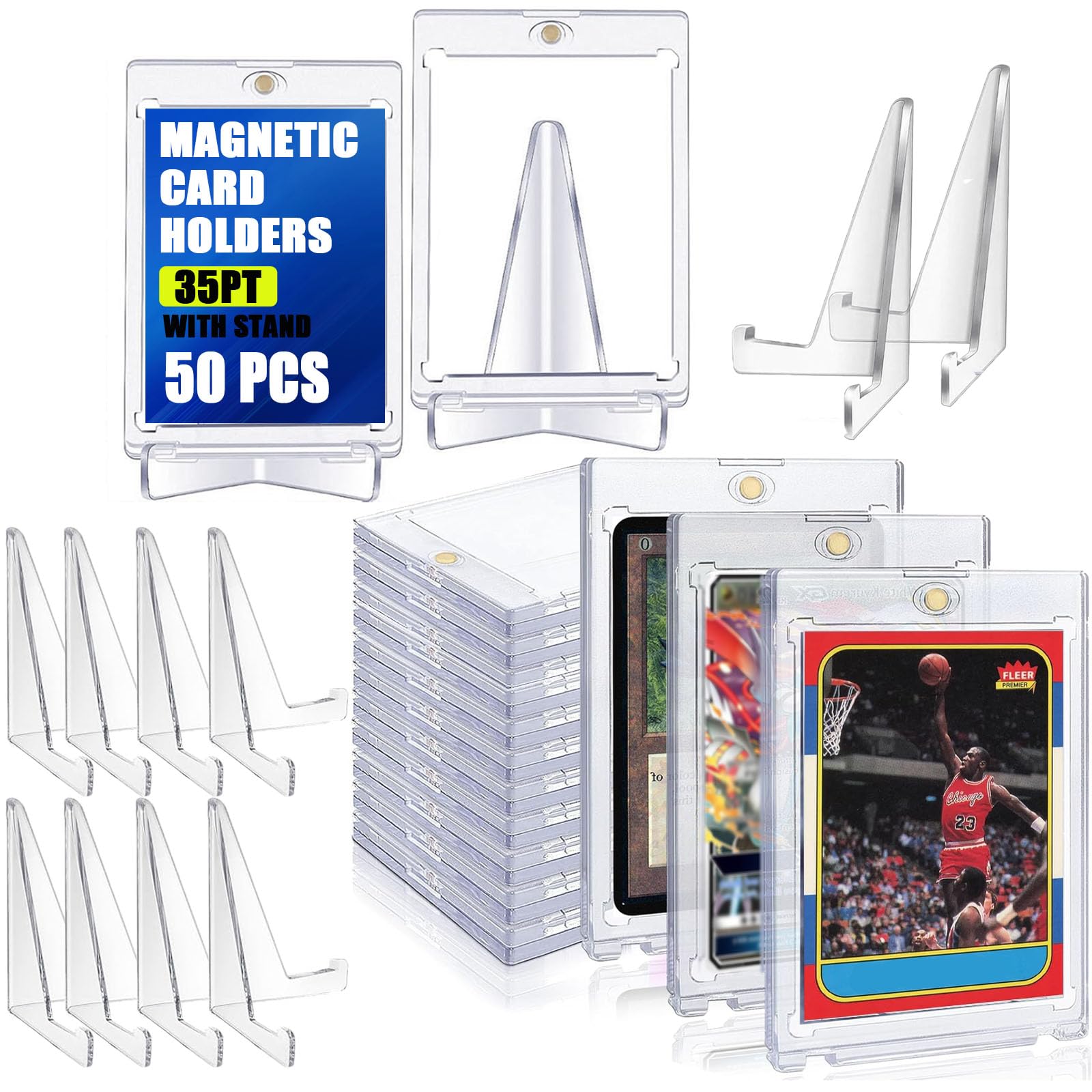 MUXHEL 25 Set 35PT Magnetic Card Holder Clear Magnetic Trading Card Holders with 25 Stands One Touch Transparent Trading Card Display for Game Sports Card Display and Storage