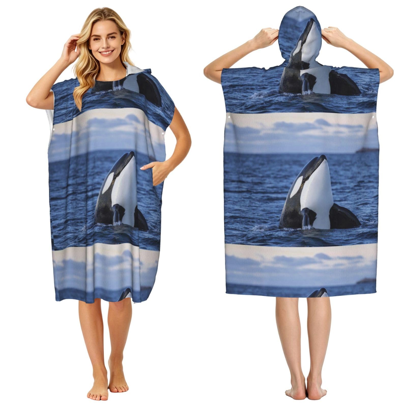 Poadnly Killer Whales Orca, Adult Hooded Beach Towel 90 x 110 cm,Changing Bath Robe, Surf Poncho Towel For Women Men