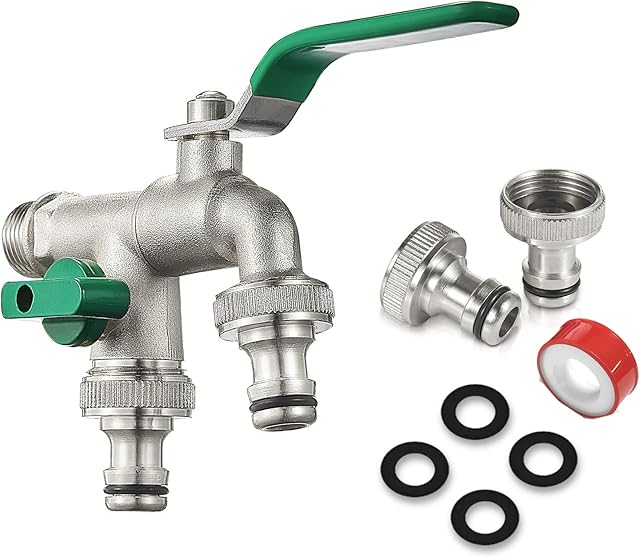 DIYARTS Premium Brass Double Water Tap, 1/2'' Inch Garden Tap Double Water Tap with 2 Hose Connectors, Rust and Frost-Proof, High Temperature Resistance Tap for Garden, Washing Machine