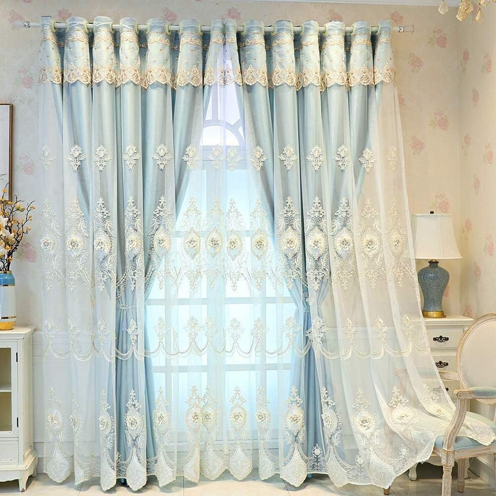 Rideaux brodés en dentelle bleue W340xH270cm avec tulle