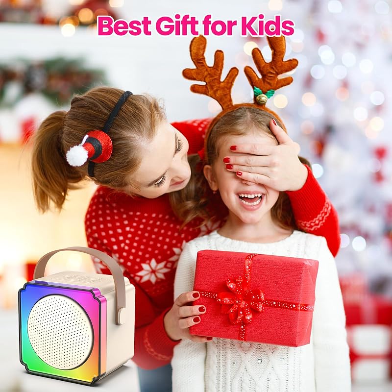 Aparat de karaoke portabil Bluetooth doeboe cu 2 microfoane, lumini LED colorate, dispozitiv mini pentru copii de 4-14 ani, alb murdar