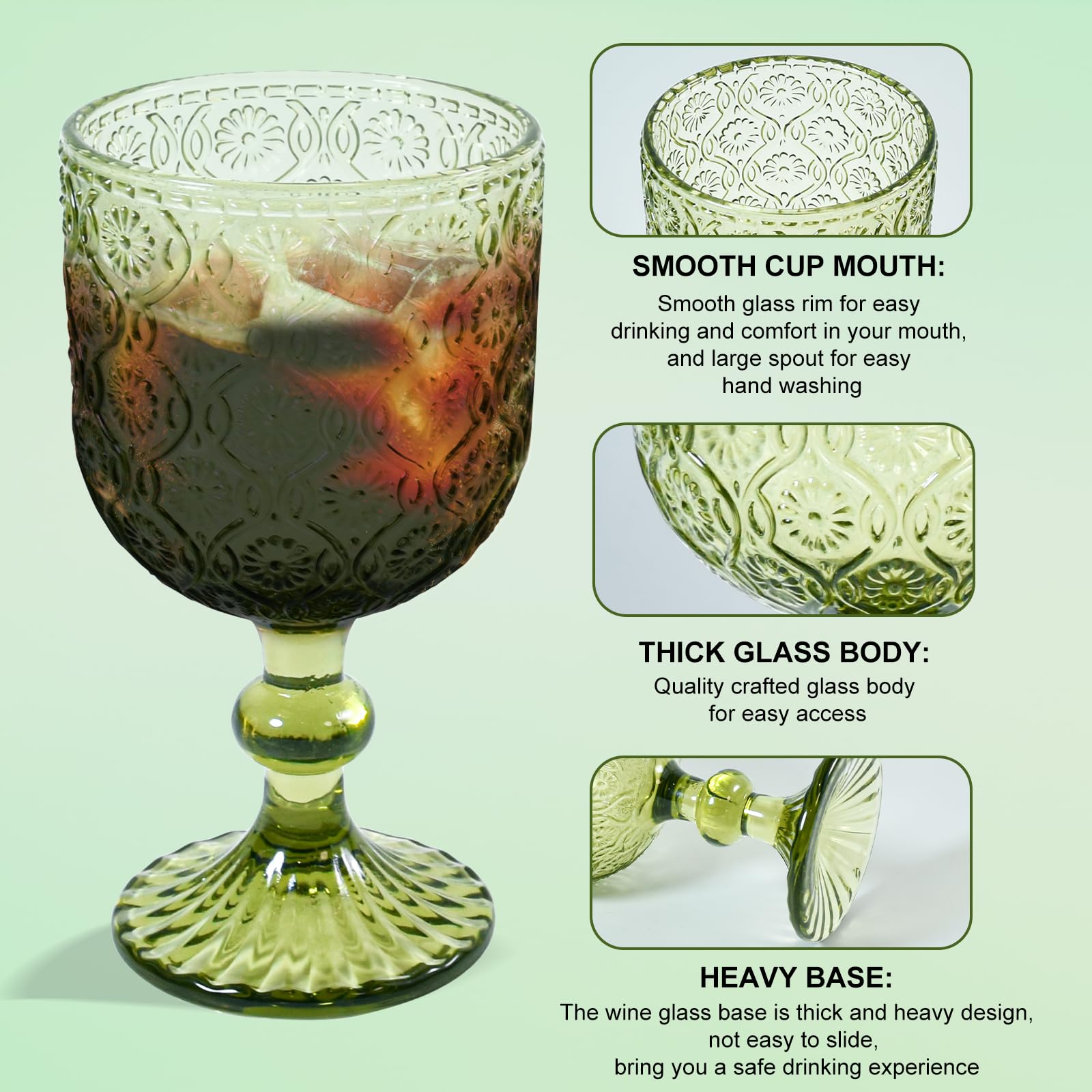 CHLJAR Juego de 6 copas de vino verde vintage de 400 ml para bodas, fiestas, copas de vino tinto, bares, restaurantes, aptas para lavavajillas (A verde)