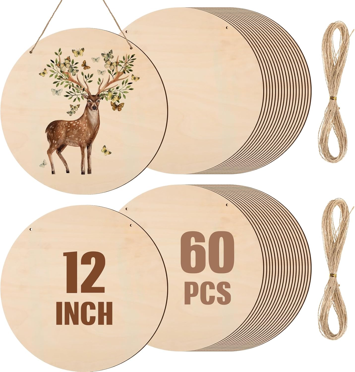 Suzile 60 Pcs 12 Inch Wood Rounds for Crafts Unfinished Blank Wooden Circle Signs Discs for DIY Christmas Home Decor Painting Door Hanger