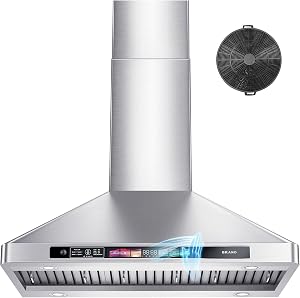Hotte murale BRANO de 30 po avec contrôle vocal/geste/tactile, hotte de cuisine de 900 CFM avec ventilateur d'extraction à 4 vitesses, hotte de cuisinière convertible avec mode mémoire, 4 lumières ajustables