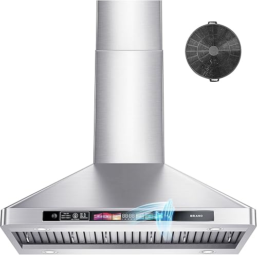 BRANO Campana extractora de montaje en pared de 30 pulgadas 900 CFM con control de voz, gestos, táctil, campana de ventilación de acero inoxidable