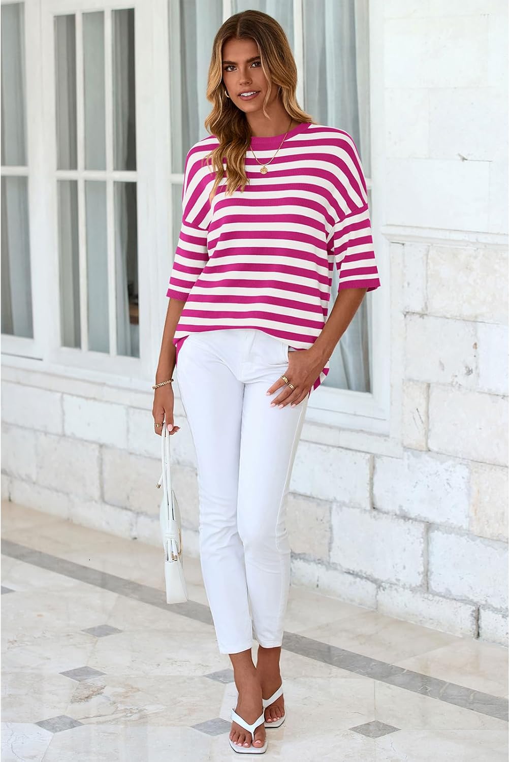 PRETTYGARDEN Womens Spring Summer Tops Fashion Striped Short Sleeve Sweater Crew Neck Lightweight Knit Oversized Shirts 2025 - Image 8