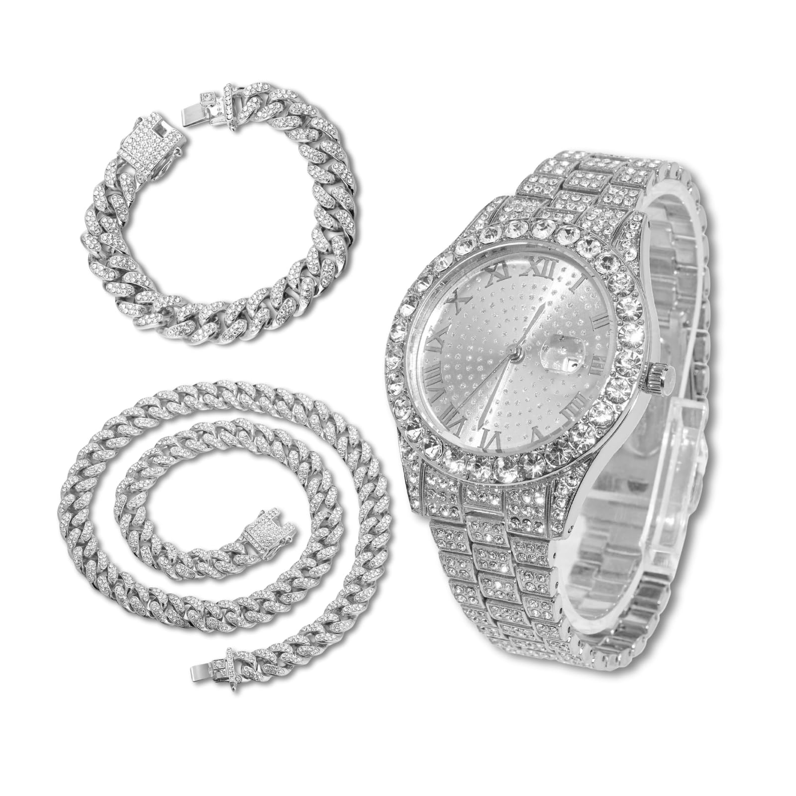 Reloj con Diamantes para Hombre Iced out Esfera Redondo Correa de 18MM Bañado en Oro Real de 18K/Oro Blanco Platino, con Cadena Cubana Opcional, Regalo para Novio Esposo