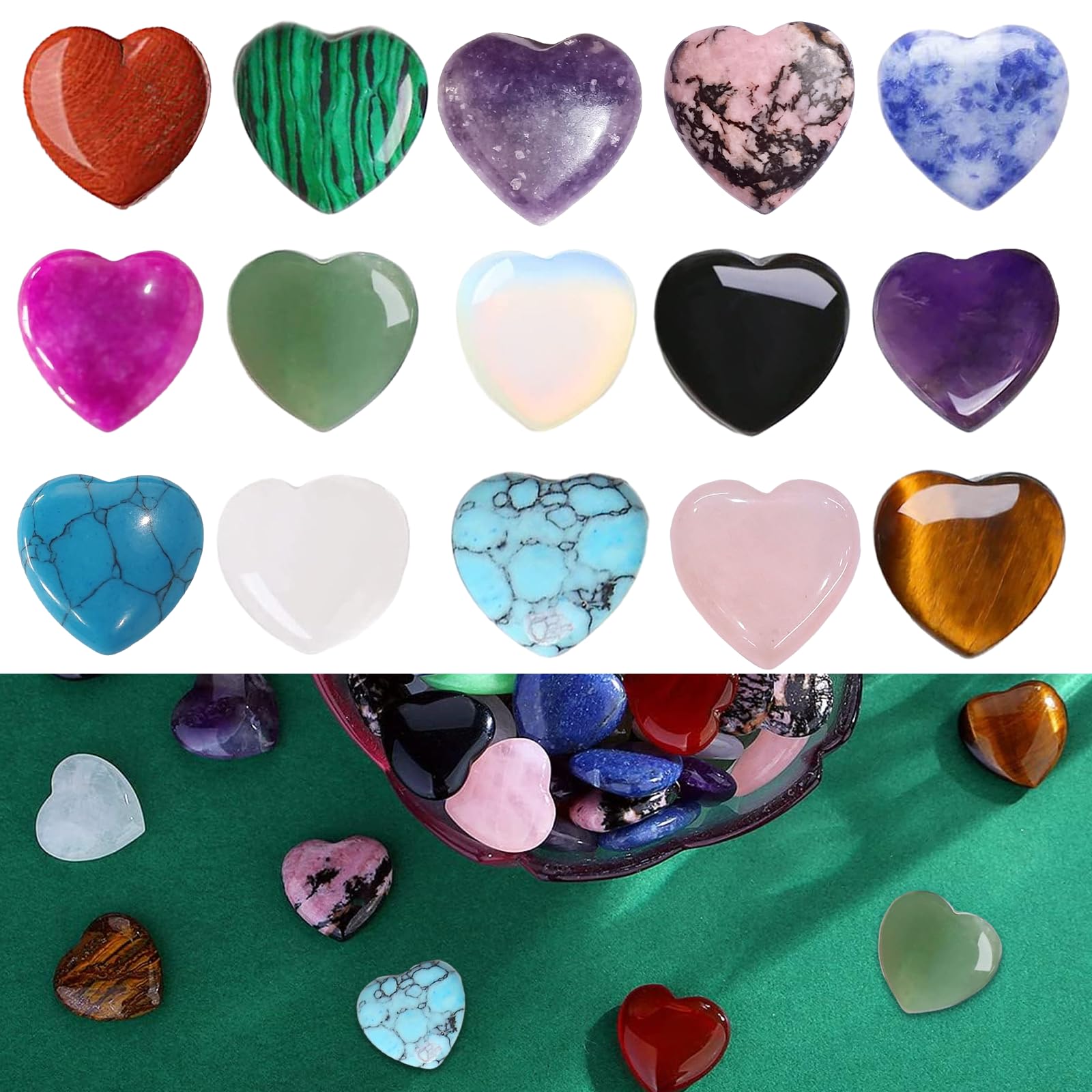 15 Pcs Healing Crystals Heart Stones,Multi Polished Pocket Stone,Natural Heart Stones Set,for Meditation, Chakra Balancing, Yoga, Home Decoration