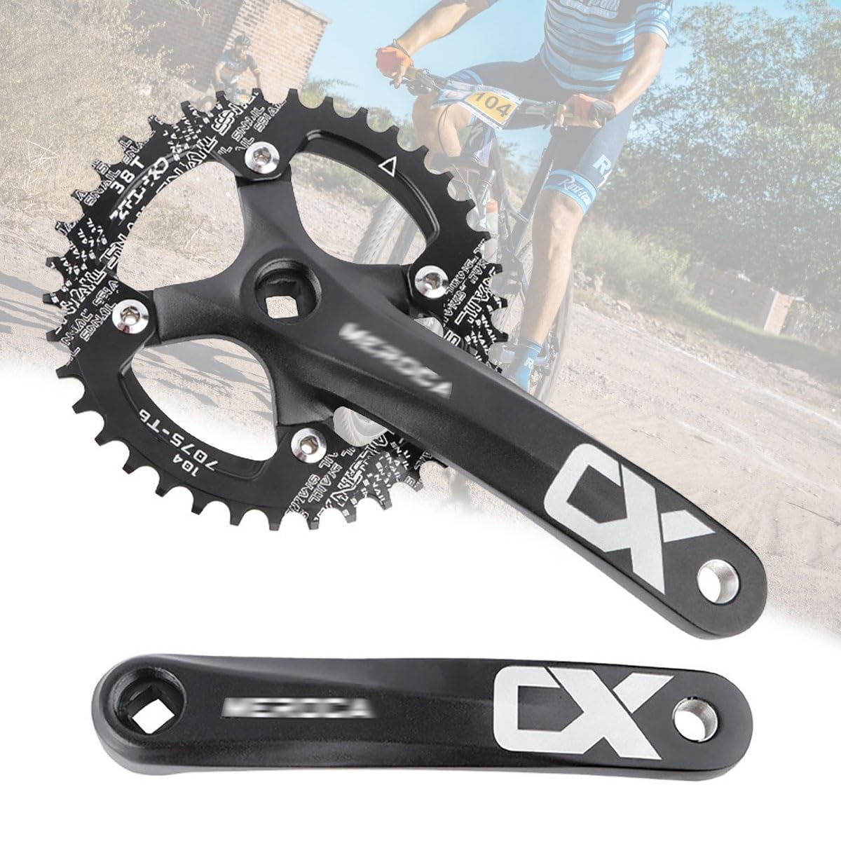 HZXQCVB 170mm Square Taper MTB Crankset Mountain Bike Single Speed Crankset 104 32T/34T/36T/38T/40T/42T Chainring And Bolts Bicycle Crank Arm Set(Svart,38T)