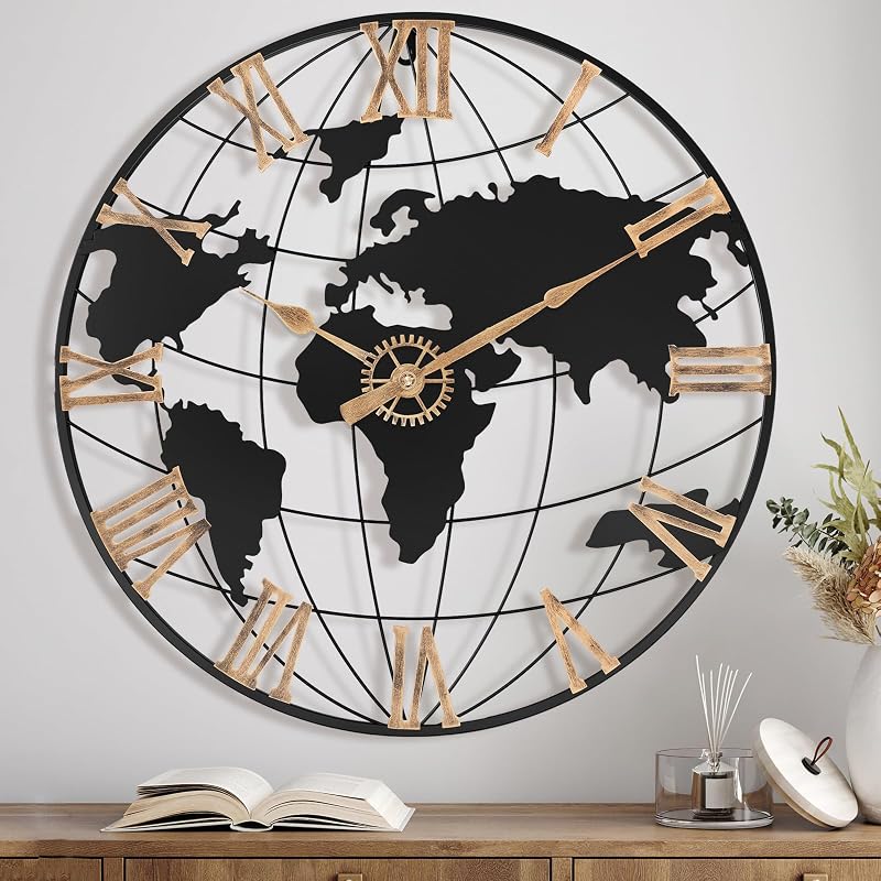 Pytha Sight Reloj de pared con números romanos dorados vintage con mapa del mundo grande de 24 pulgadas | Relojes de pared con mapa del mundo de metal, silenciosos, decorativos, modernos, grandes, de 24 pulgadas, para decoración de oficina, comedor y sala de estar