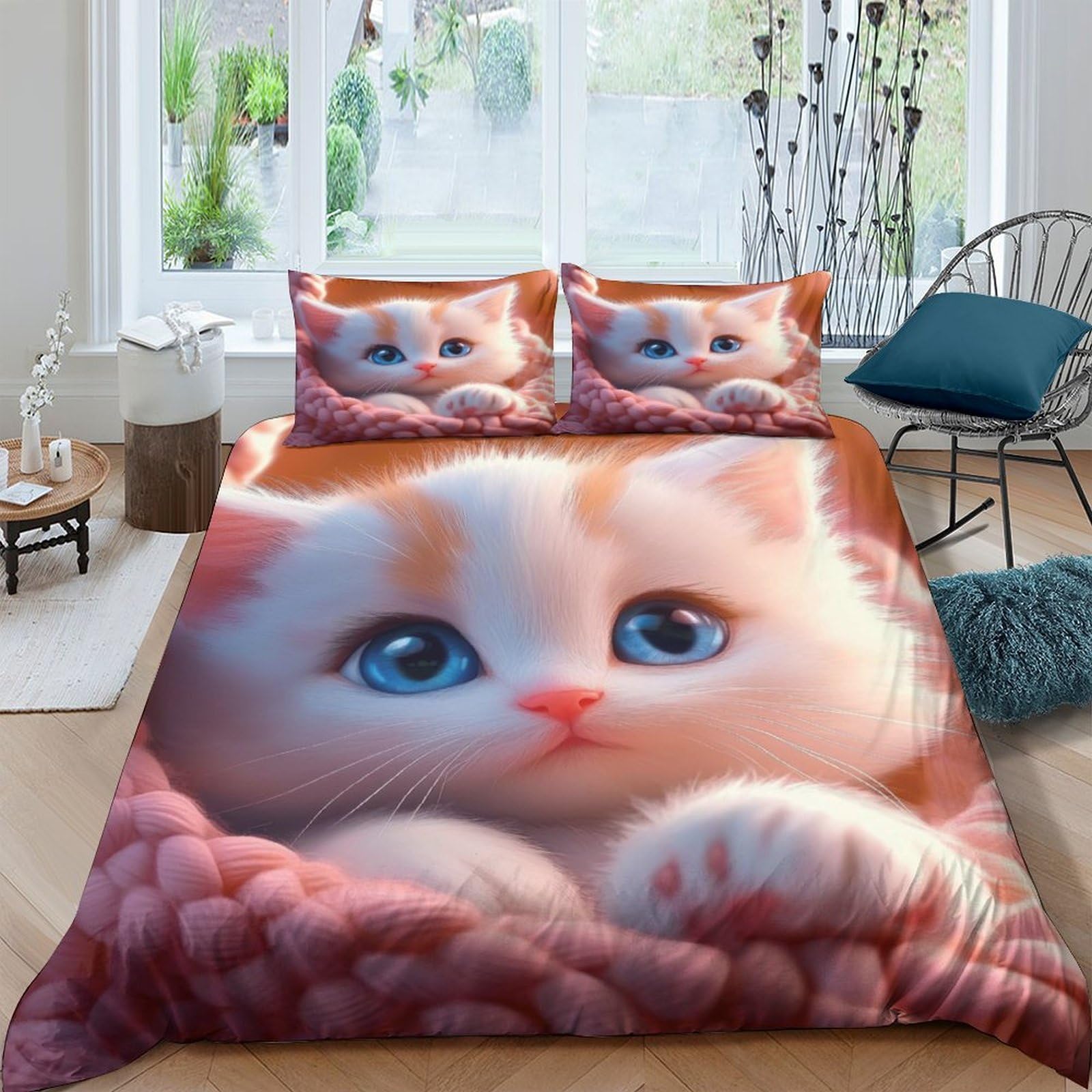 3D Printed Cute kitten eyes Comforter Cover Brushed Microfiber Cartoon animal illust Bedding Cover Hypoallergenic Shrink Resistant Breathable Lightweight for All Season Use Double（200x200cm）