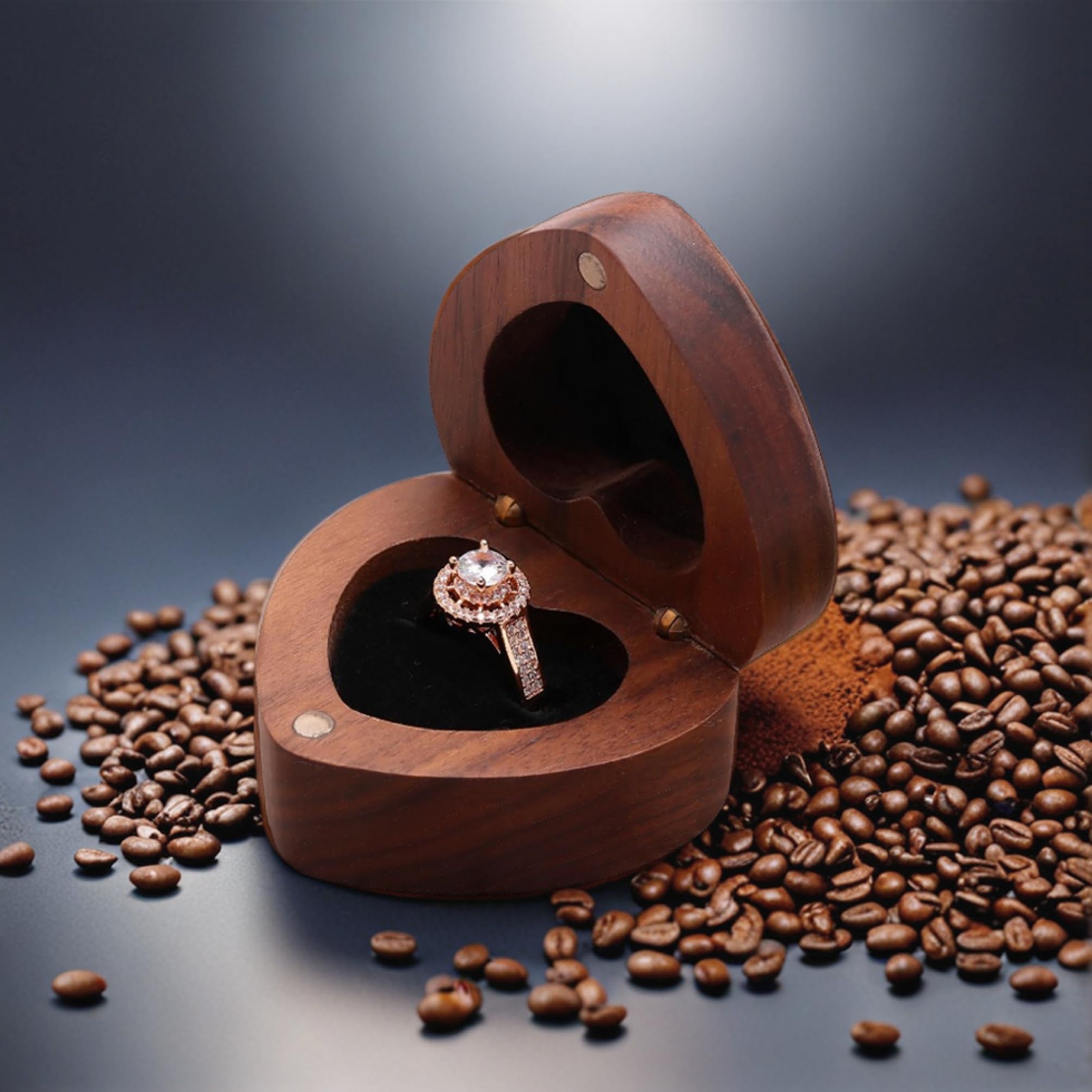 Anuj Overseas Wooden Heart shape Ring box Engraved for Proposal, Engagement, Wedding (Pattern C- Will you Marry Me)