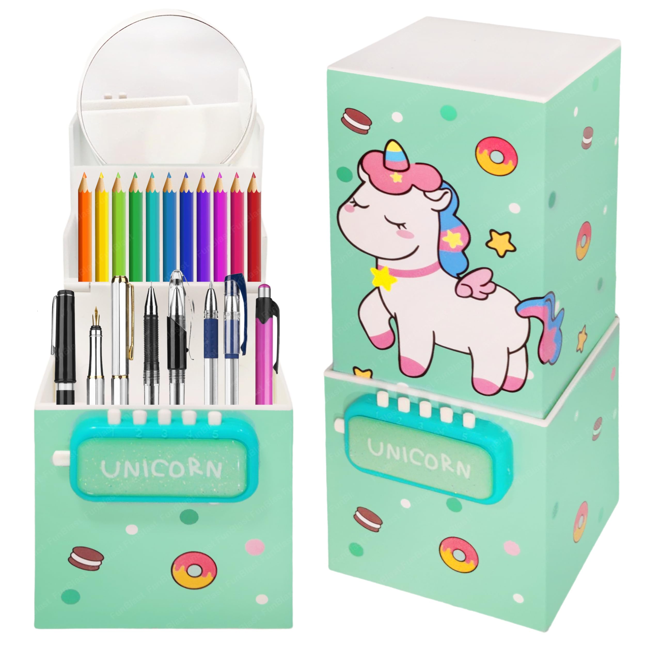 FunBlast Pencil Box for Girls - Password Lock Pencil Case, Multi-Layer Pencil Box for School Girls, Geometry Box, Stationary Organizer Case for Kids, Return Gift for Kids (Unicorn-Green)