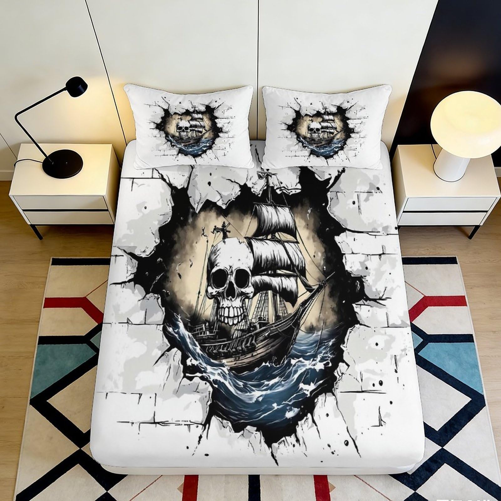 3D Printed Skull Pirate Fitted Sheet, Microfiber, wrinkle resistant, home decor, mattress cover, apartment bedding, easy to remove, bedroom accent, durable, UK size, 100-120cm 90x200x25cm