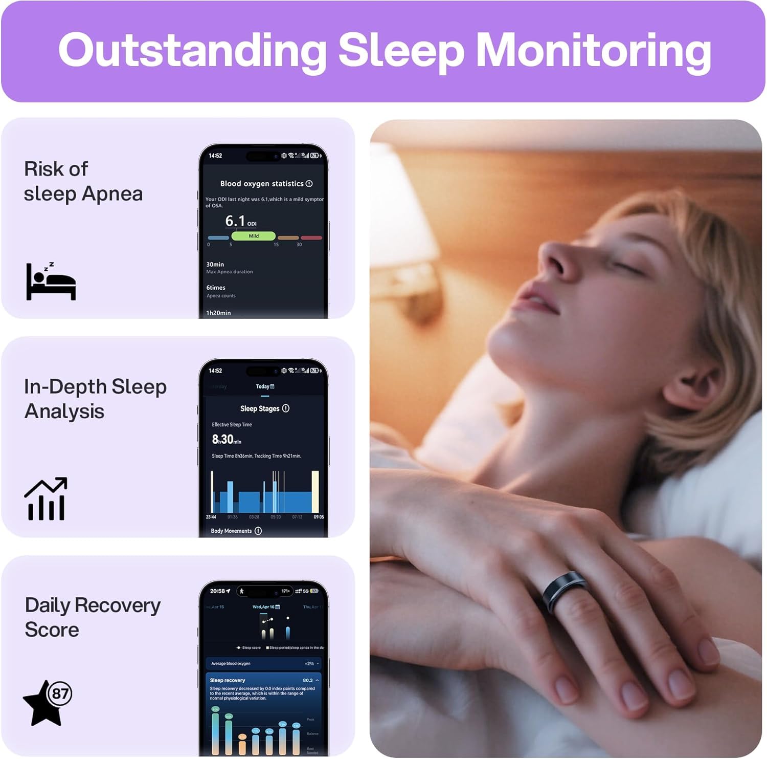 Bague intelligente réglable automatiquement pour homme et femme, sans abonnement à l'application, anneau de fitness pour suivi du sommeil - Tracker de fitness