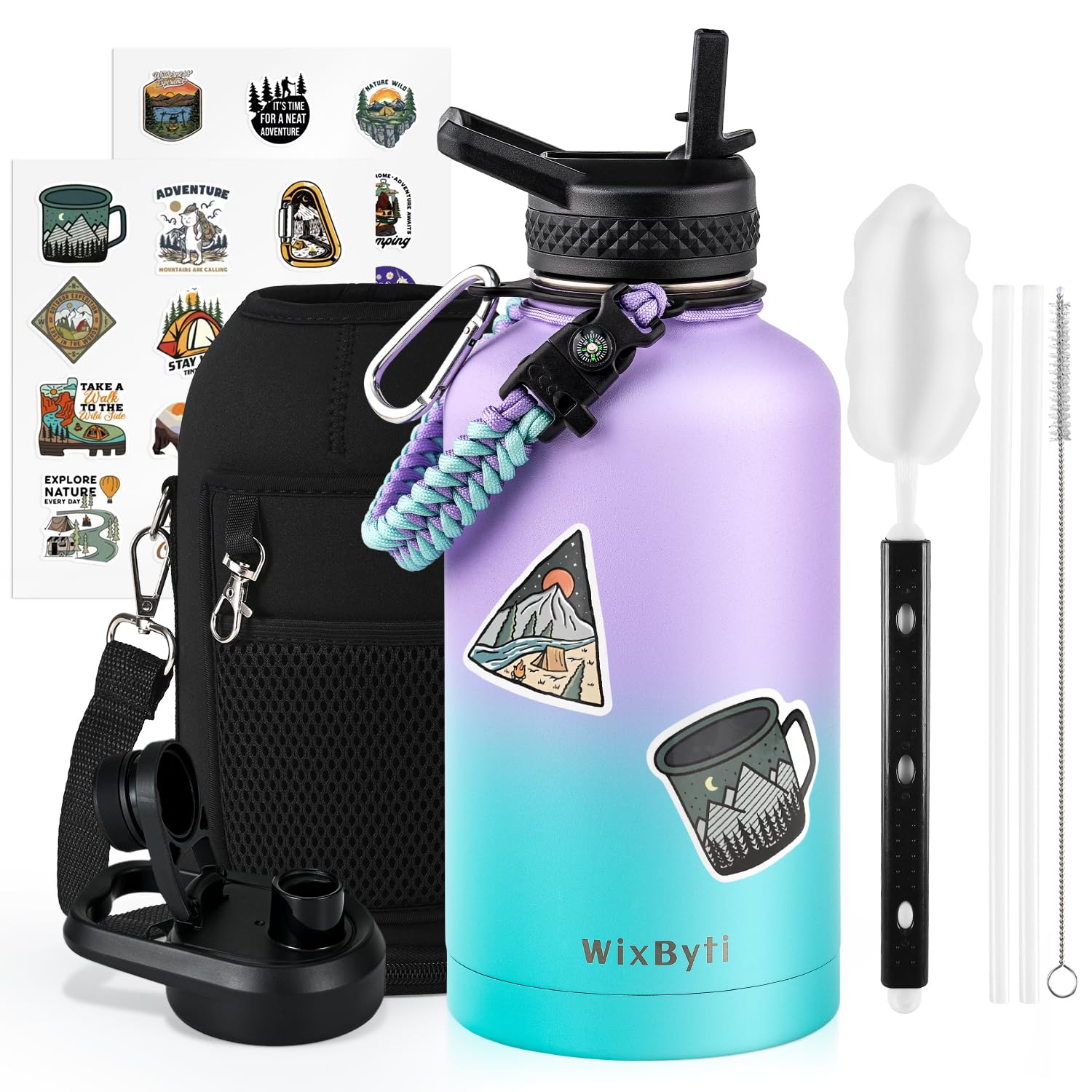 WixByti 64 oz Insulated Water Bottle with Straw (Cold for 48 Hrs), Half Gallon Stainless Steel Triple Wall Vacuum Sports Water Jug, Leakproof Hydro