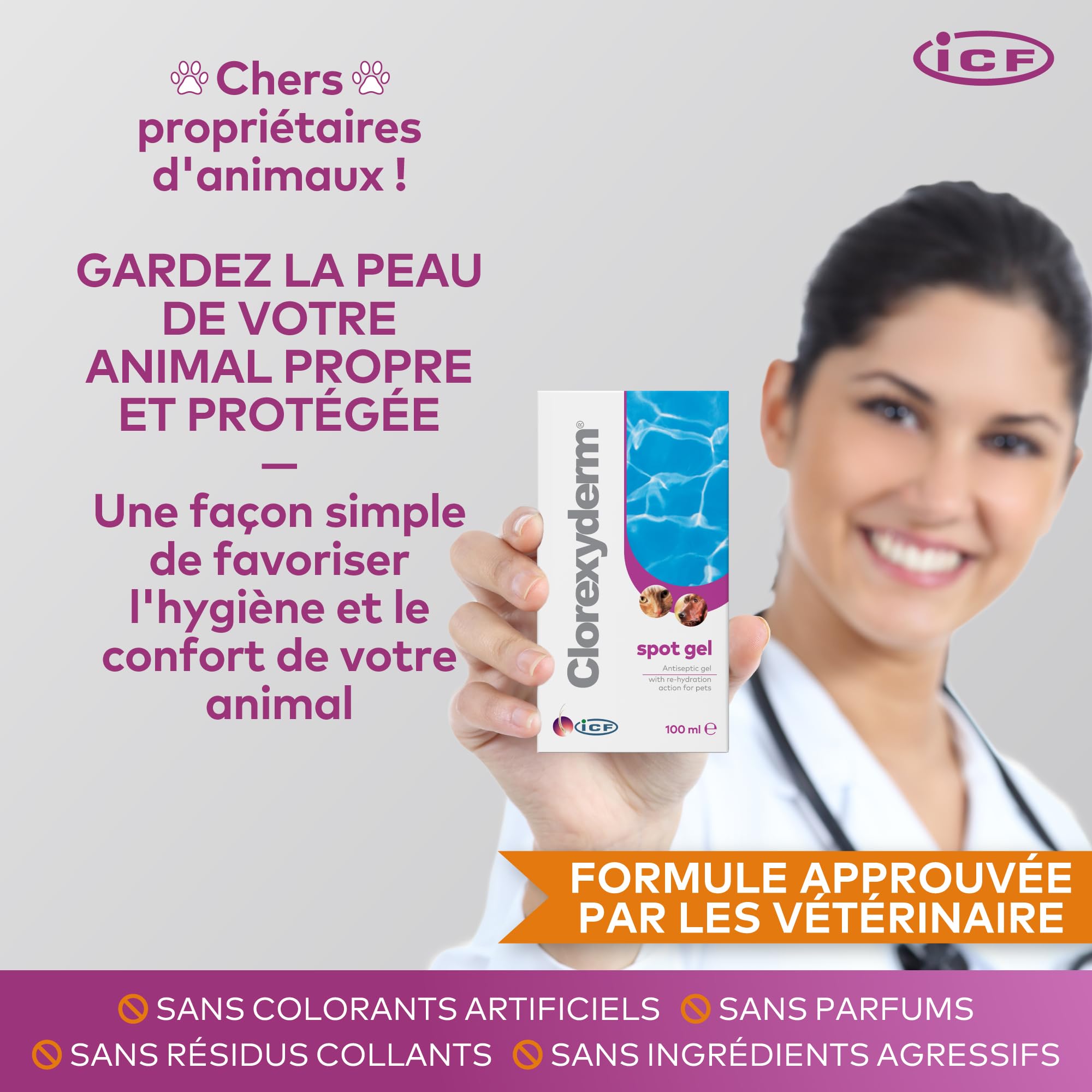 ICF Clorexyderm Spot Gel | Gel Assainissant, Hydratant et Protecteur pour Chien et Chat | Soin Indiqué pour Application Locale : Peau et Oreille | Produit 100ml