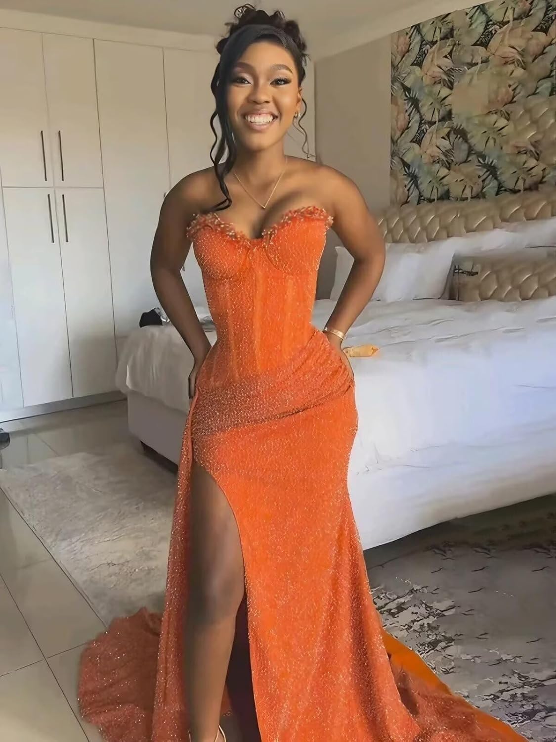 Sequin Prom Dress Strapless Formal Dresses Mermaid Evening Party Gown with Slit