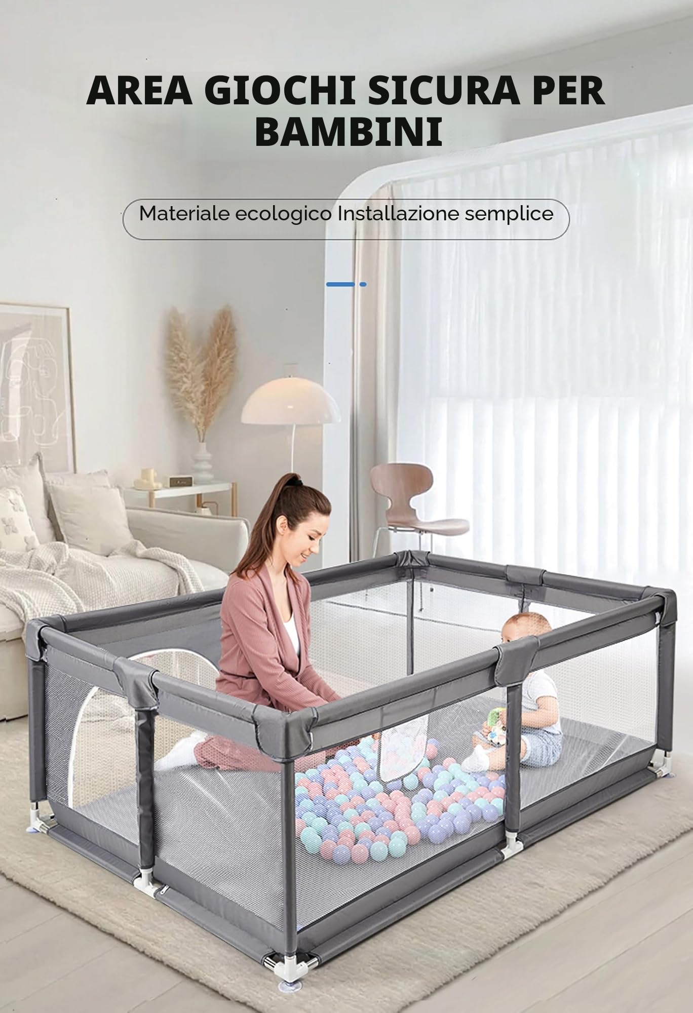 Recinto Gioco Pieghevole 160×120 cm Grigio per Neonati | Dotato di sacco portapalle e anelli tira su, pratico e sicuro per bambini