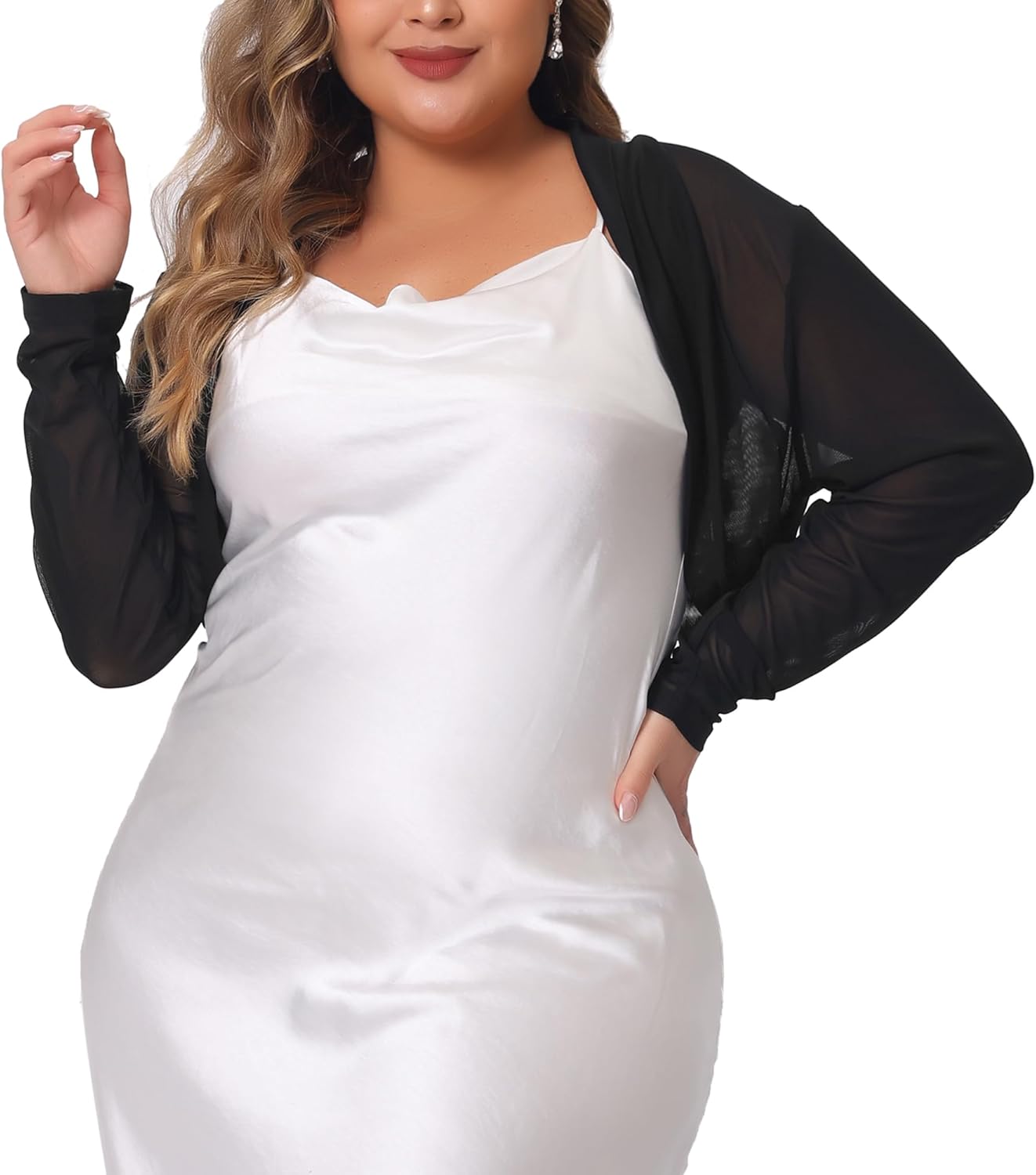 Agnes Orinda Plus Size Mesh Crop Cardigans for Women Long Sleeve Open Front See Through Sheer Bolero Shrug Top - Image 2