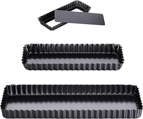 Boao 3 sartenes rectangulares para quiche de 14, 10 y 4 pulgadas, antiadherentes, con parte inferior suelta extraíble, bordes acanalados para tartas