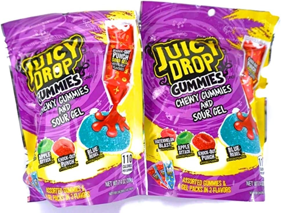Juicy Drop Gummies Chewy Gummies & Sour Gel NET WT. 6.7 OZ, Assorted Gummies and 2 Gel Pens (Pack of 2)