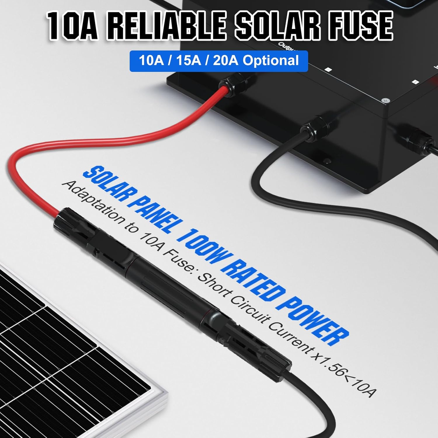 Close-up of a 10A reliable solar fuse, showing its components and indicating PPO material, IP67 waterproof, anti-aging, anti-UV, and plug-and-play features.