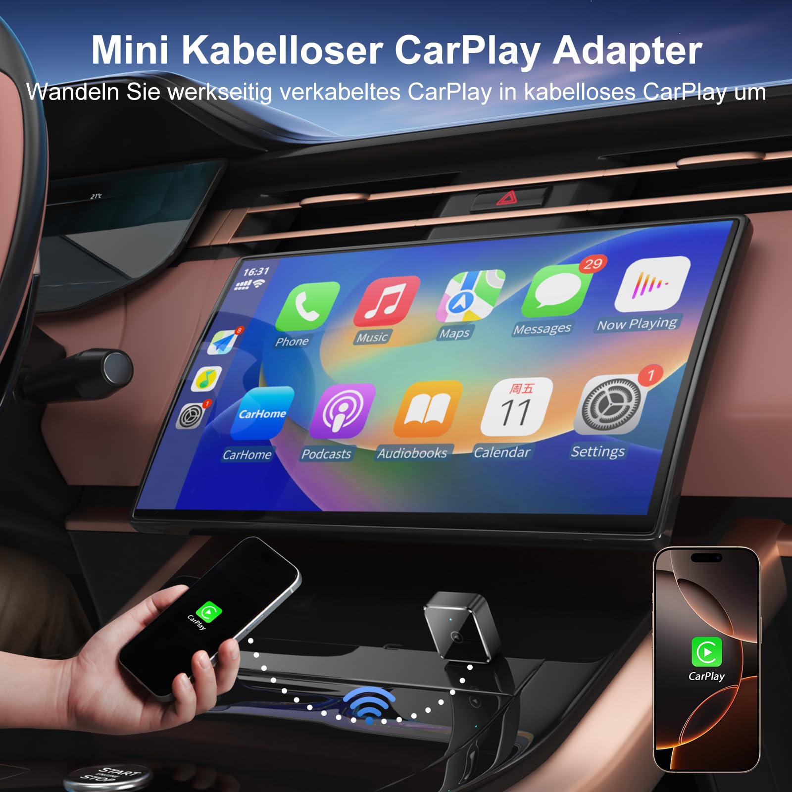 Mini Kabelloser CarPlay Adapter für iPhone - Wireless CarPlay Dongle Box, wandelt werkseitig verkabeltes CarPlay in kabelloses CarPlay um, Plug-and-Play, extrem geringe Verzögerung