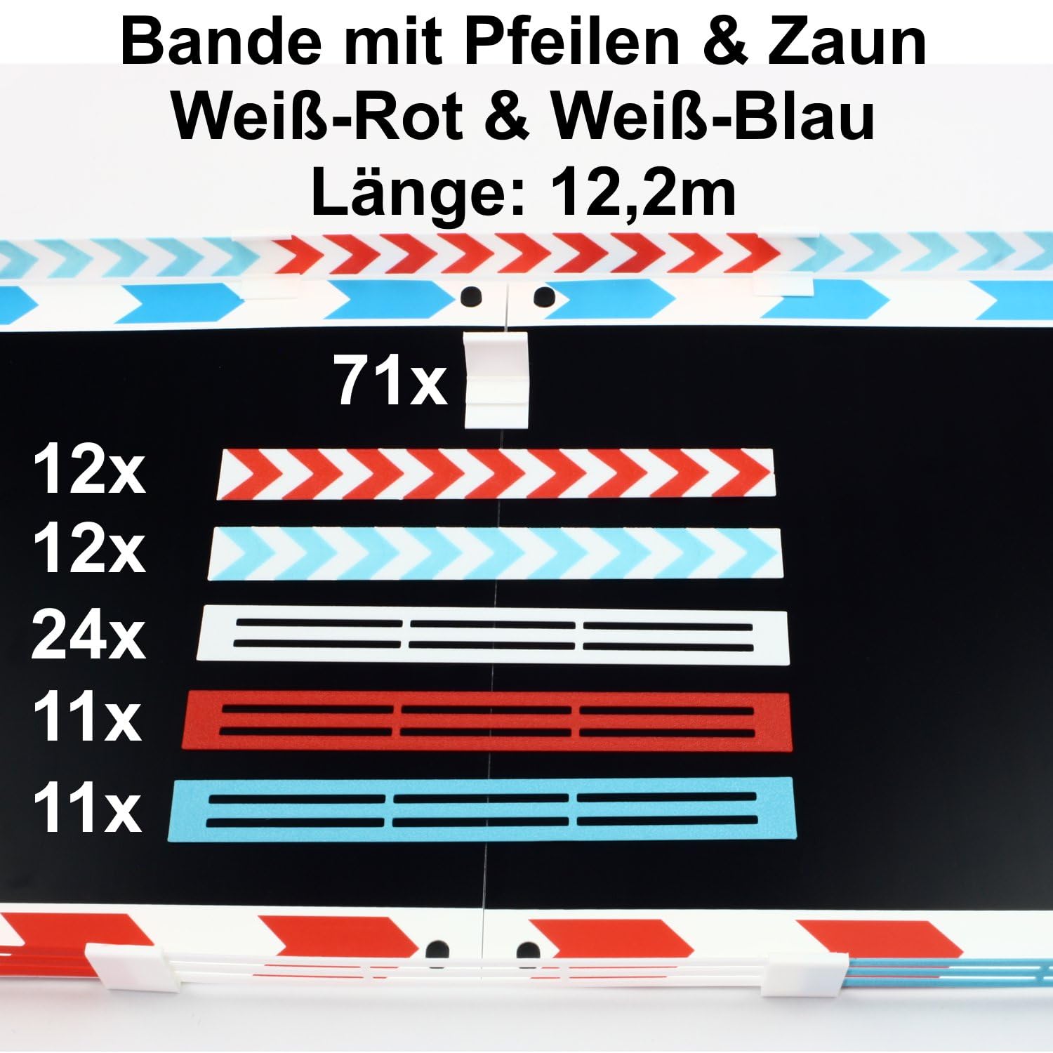 Overdrive-Racing 12,20m Leitplanke & Zaun Set für Carrera Hybrid - Weiß Rot Blau - Bande Fangzaun Kurven Gerade