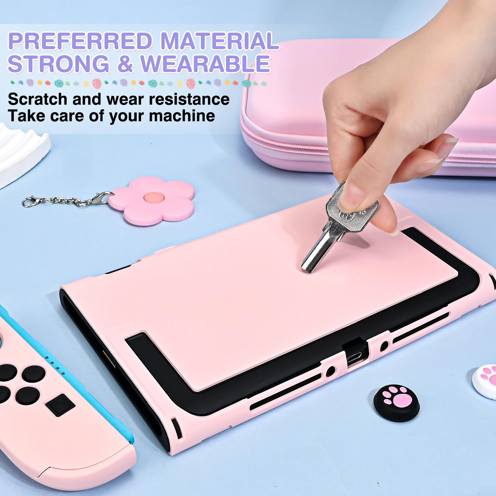 DLseego Custodia da Trasporto Solo per Switch 2, Custodia da Viaggio con Guscio Protettivo Robusto, 4PCS Grip Cover e 1PC Lovely Flower Charm,Rosa