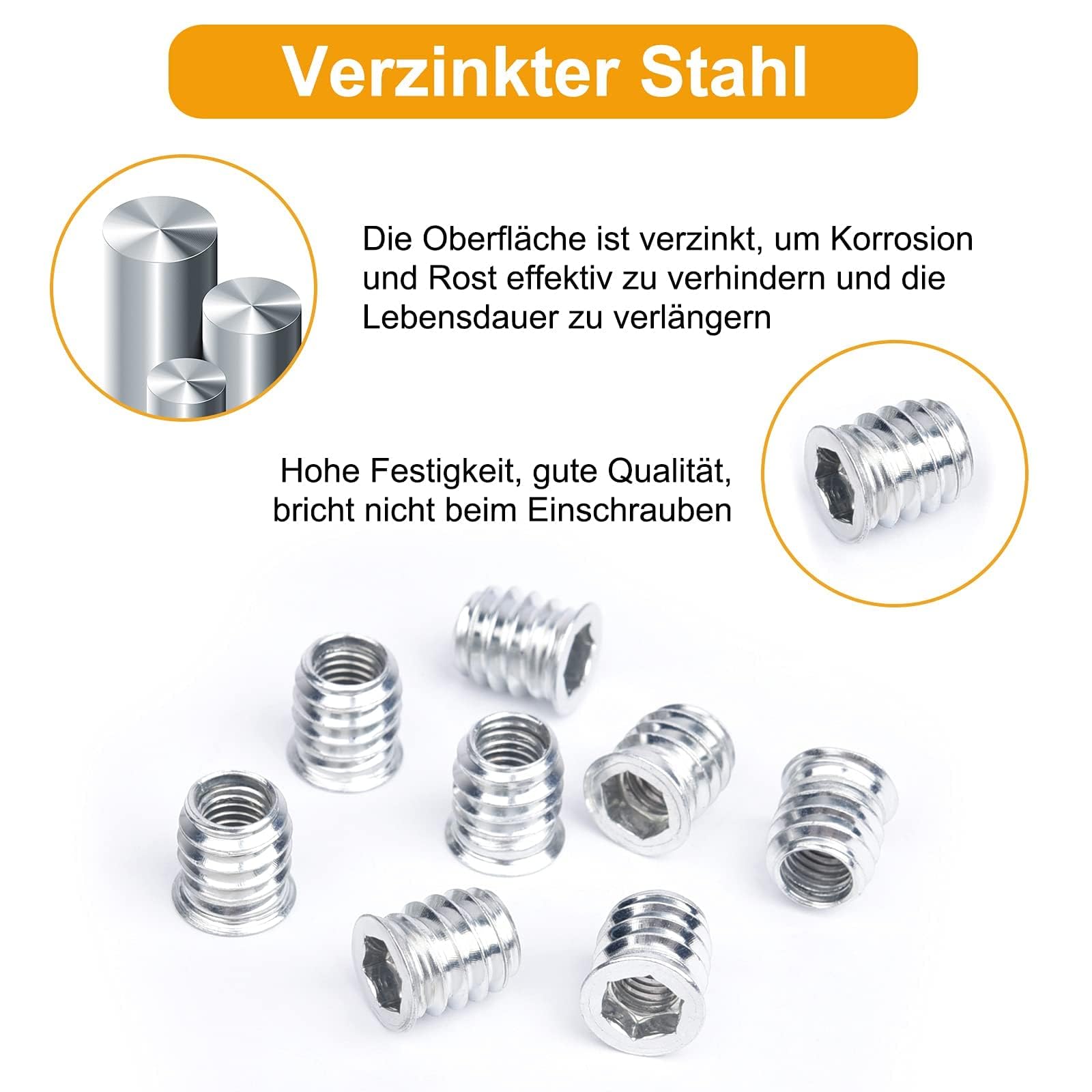 VIGRUE Lot de 80 écrous à visser M6 x 20 mm - Insert fileté pour bois - Pour meubles en bois - Écrous hexagonaux hexagonaux en acier galvanisé