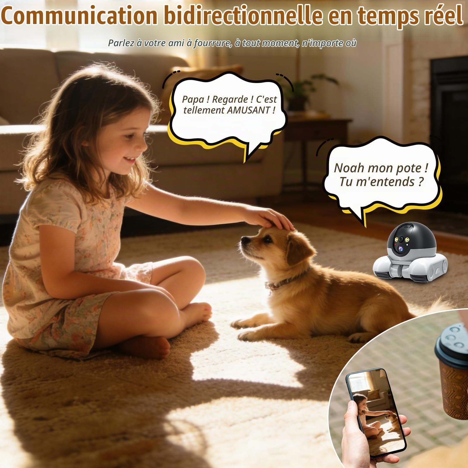 Robot de Caméra, 1080P Double Caméra Robotique, WiFi Mobile Pet Camera avec Croisière Automatique, Audio Bidirectionnel et Vision Nocturne pour Animaux de Compagnie Maison